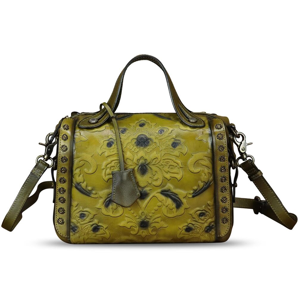 7578 Leather Satchel Embossed Leather Handbag Top Handle Bags Handmade Bag